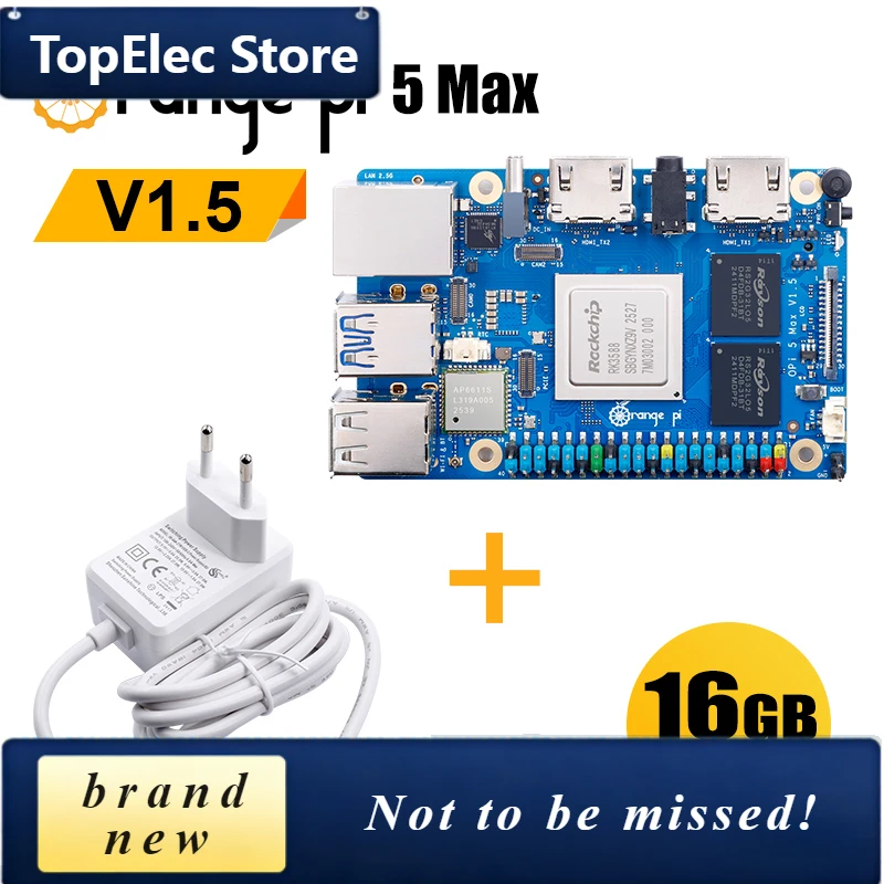 TopElec OrangePi 5 Max 16GB V1.5 With 5V5A Power Supply Development Board RK3588 PCIE 2.5G LAN Wi-Fi 6E + BT 5.3 Single Board Co