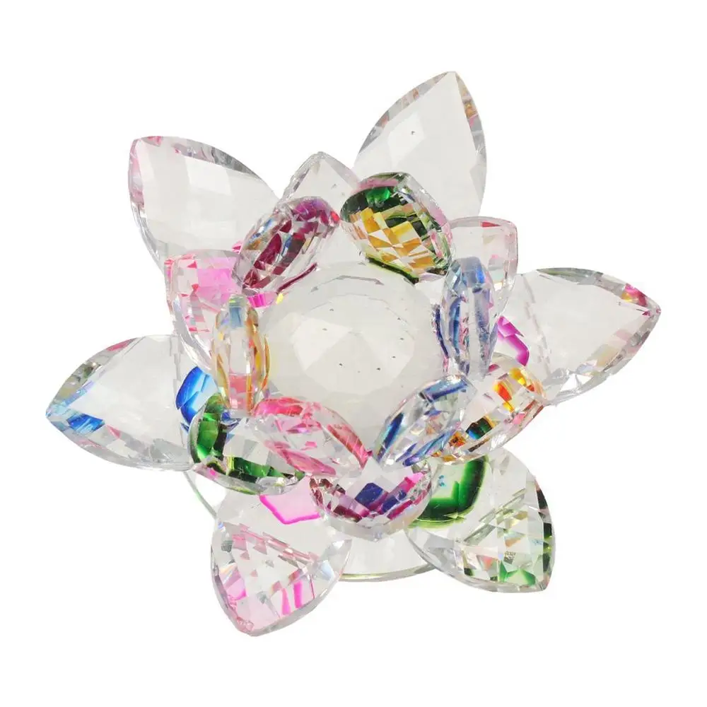 Hue Reflection Crystal Lotus Flower 3 Foots Anti-slip Crystal Flower Figurine Lucky Charm 3 Layers Glass Lotus Feng Shui Decor