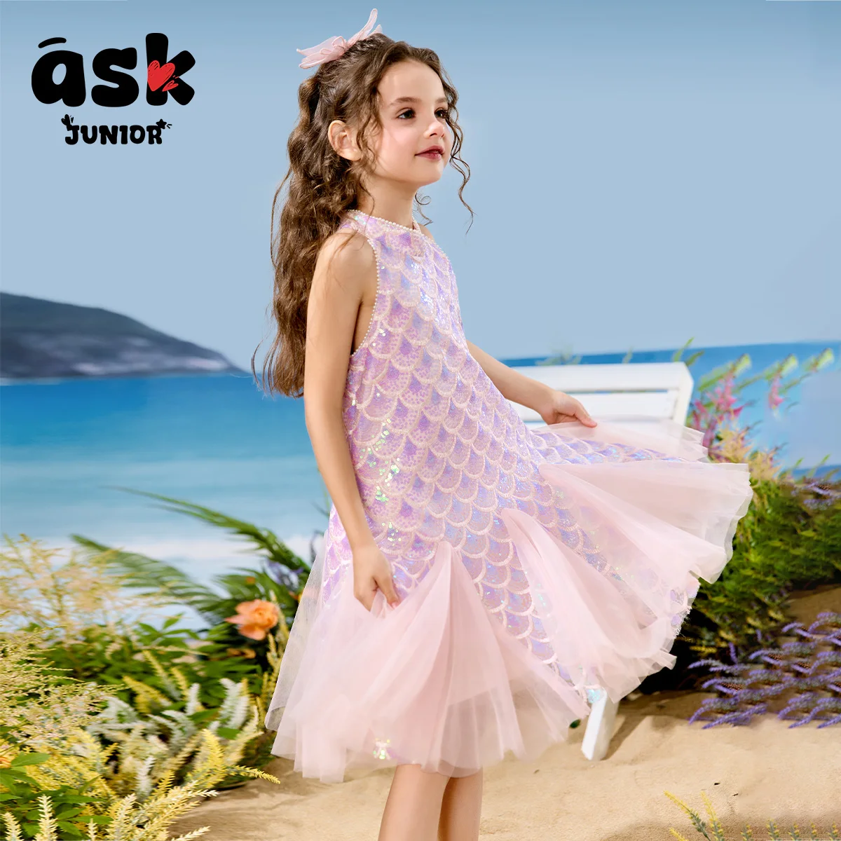 فستان الأميرة حورية البحر بدون أكمام شبكي متباين بالترتر الأرجواني للفتيات الصيفي للأطفال