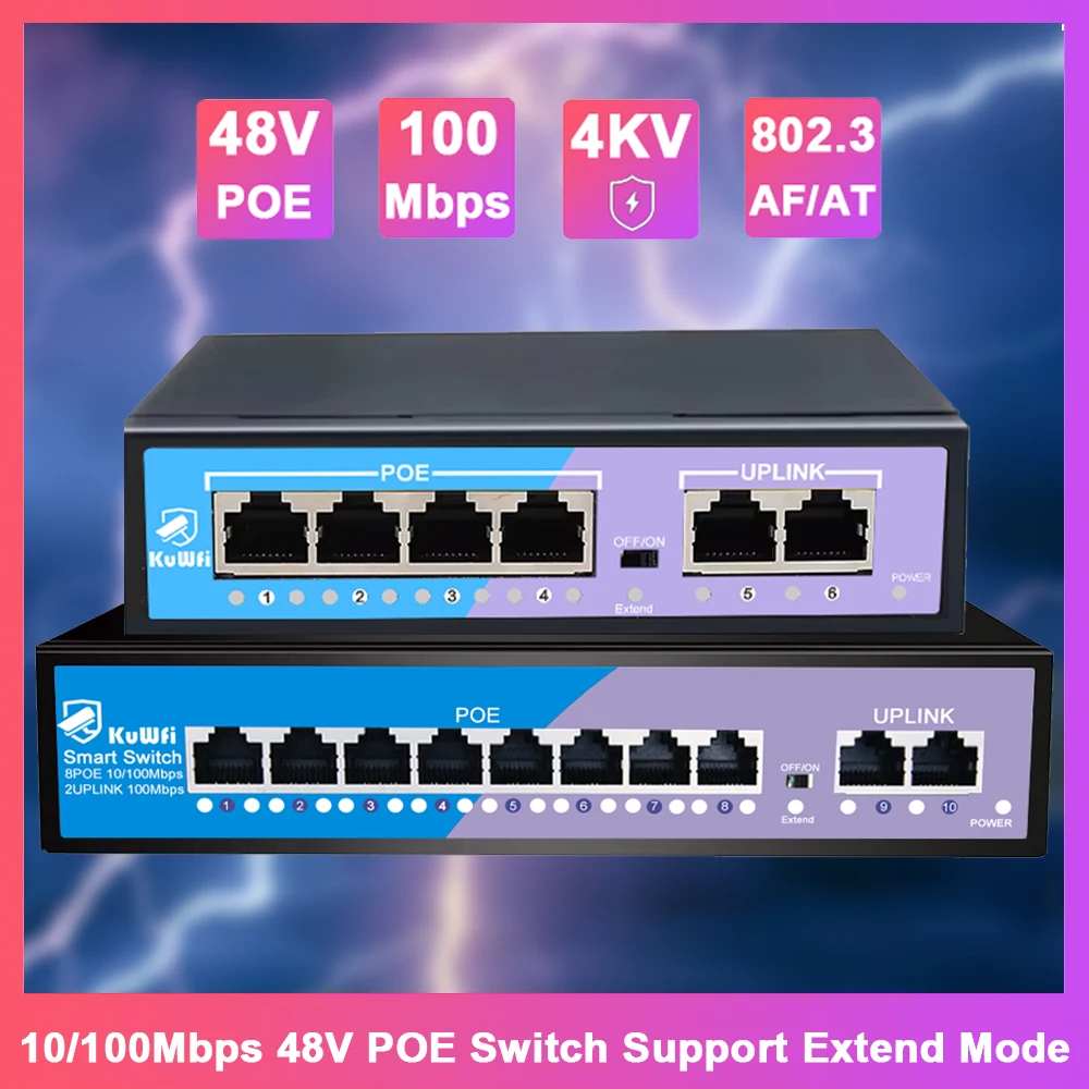 KuWFi 4/8 Port POE Switch 10/100Mbps Ethernet Port Fast RJ45 Network Switch Extend Up to 250Meter for IP Camera/AP Router/CCTV