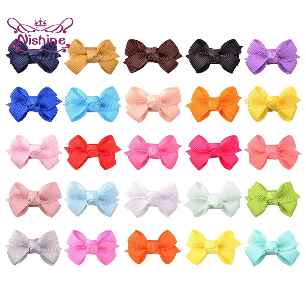 Nishine 10pcs/lot Lovely Handmade Grosgrain Ribbon Bowknot Infant Hair Clips Solid Color Baby Bangs Hairpins Photography Props