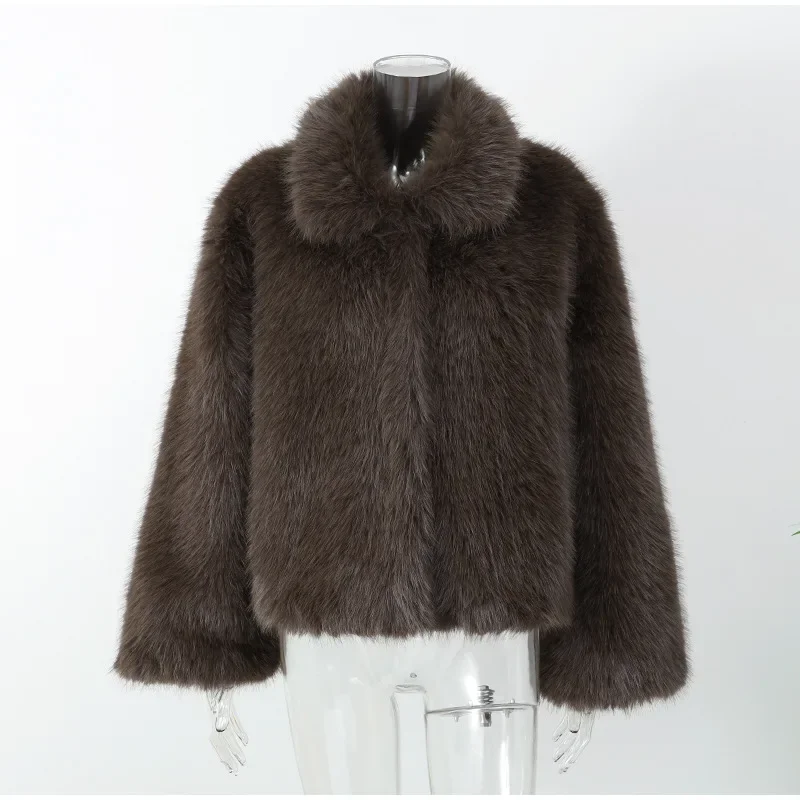 Women Patchwork Faux Fur Coat Elegant Contrast Full Sleeve Lapel Loose Long Staple Plush Jacket Winter High Street Outerwears