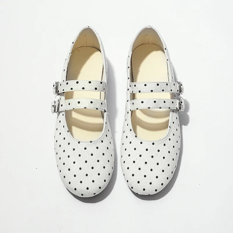 

New Fashion Fashionable Polka Dot Shallow Flats Shoes Vintage Casual Ballet Flats Mary Jane Shoes Autumn White Shoe Girls