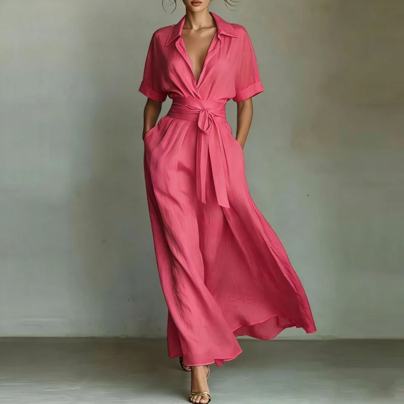 Zomerjurk voor dames, casual, effen, met zakken, losvallend, feestjurk, sexy, hoge taille, strikdetail, lange jurk, revers, korte mouwen, boho-stijl, lente 2026