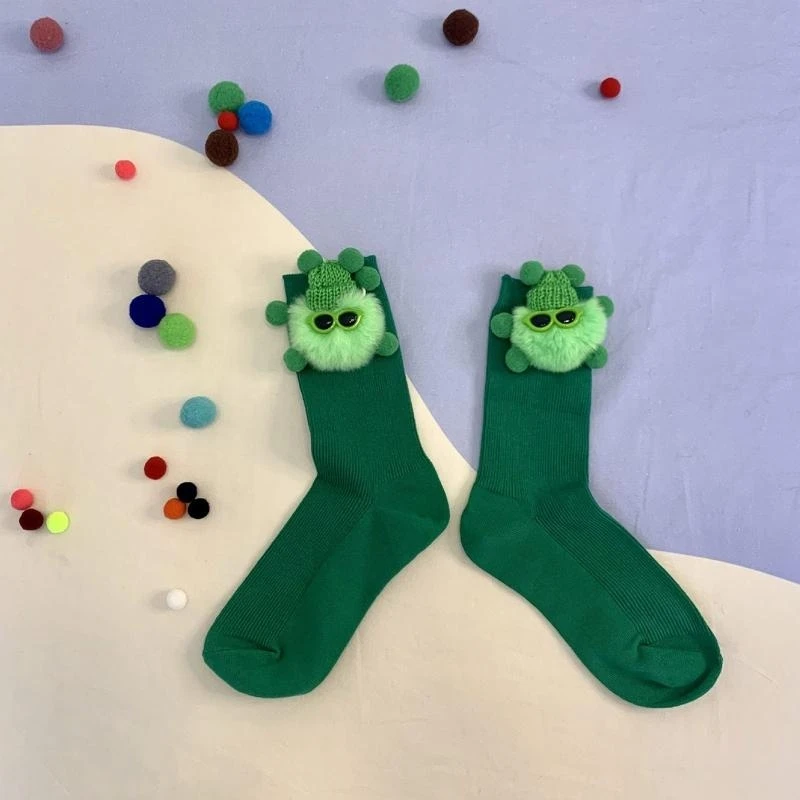 

Creative Women Men Funny Cartoon Socks Plush Green Bean Elf with Mini Knit Hat Glasses for Doll Cosplay 15UB