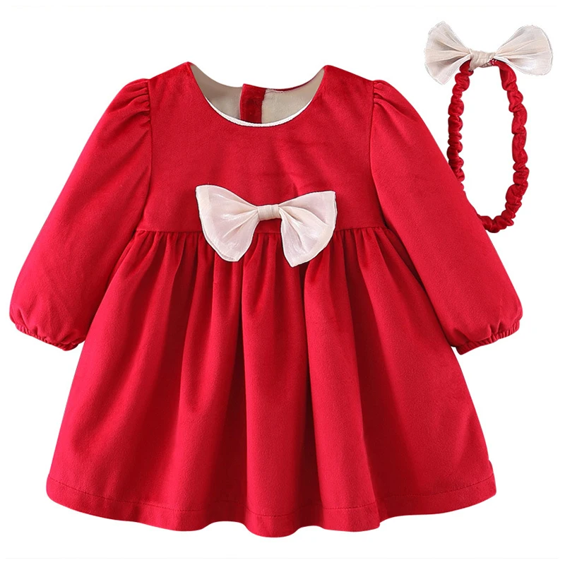 2Piece Set Fall Winter Toddler Girl Clothes Korean Cute Bow Fleece Warm Red Princess Baby Dresses Luxury Birthday Dresses BC1839