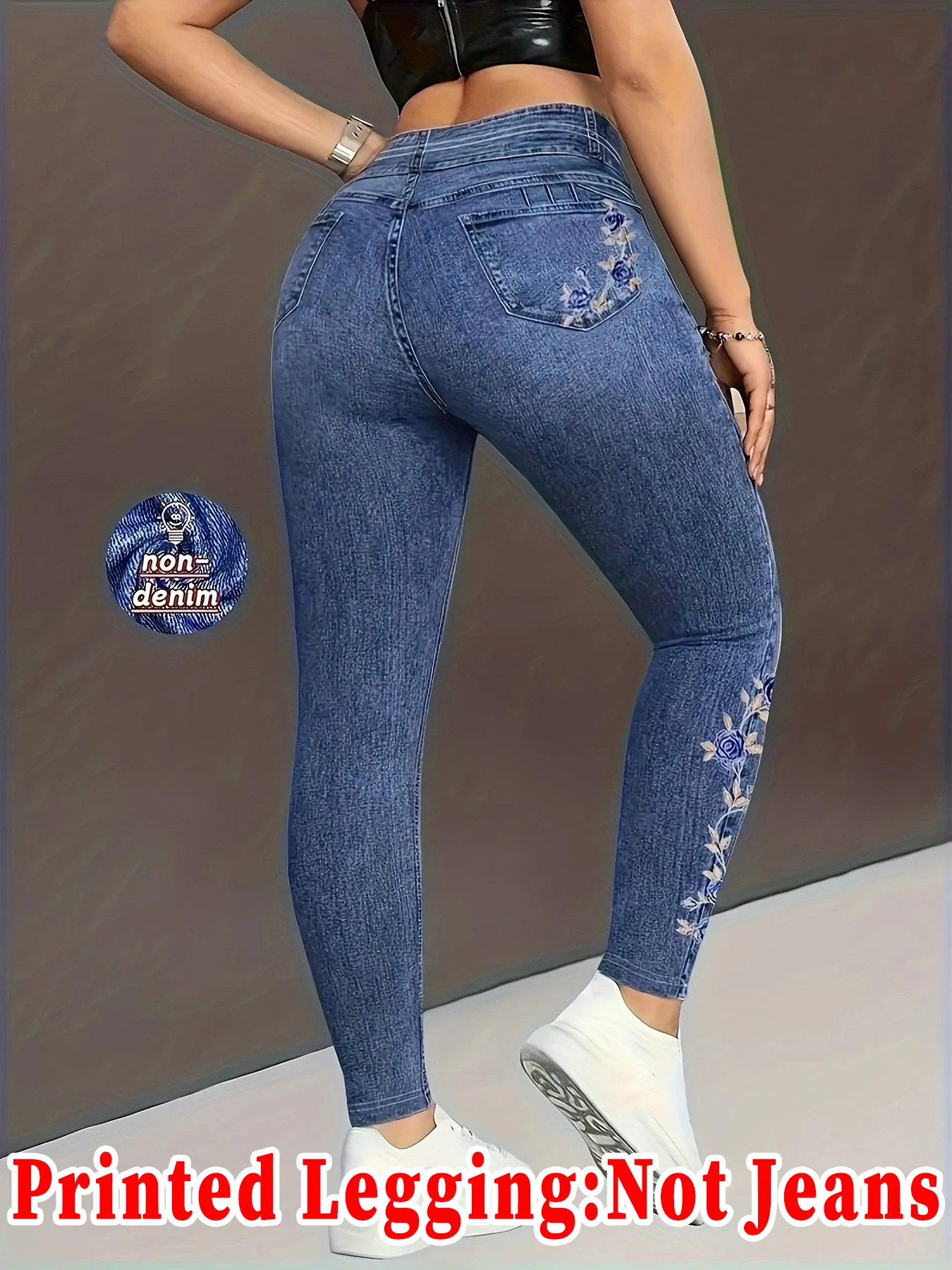 Damen-Leggings aus Kunstdenim mit Rosen-Blumenmuster, hohe Taille, 3 Knöpfe, dehnbar, eng anliegend, lässige Slim-Fit-Hose, keine echten Jeans – Detail 3