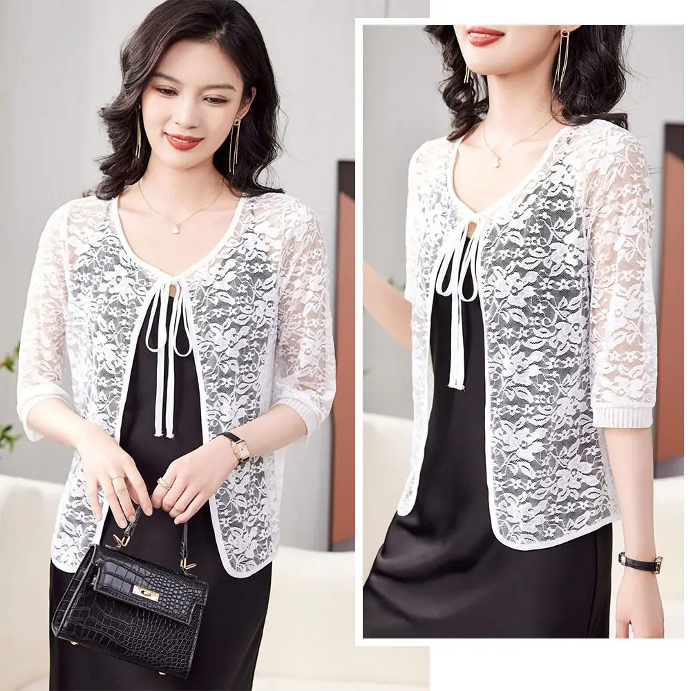 

Extra Large Tie Up Summer Women's Cardigan Breathable Floral Lace Air-Conditioning Shirt Beach Mesh Shawl for Women