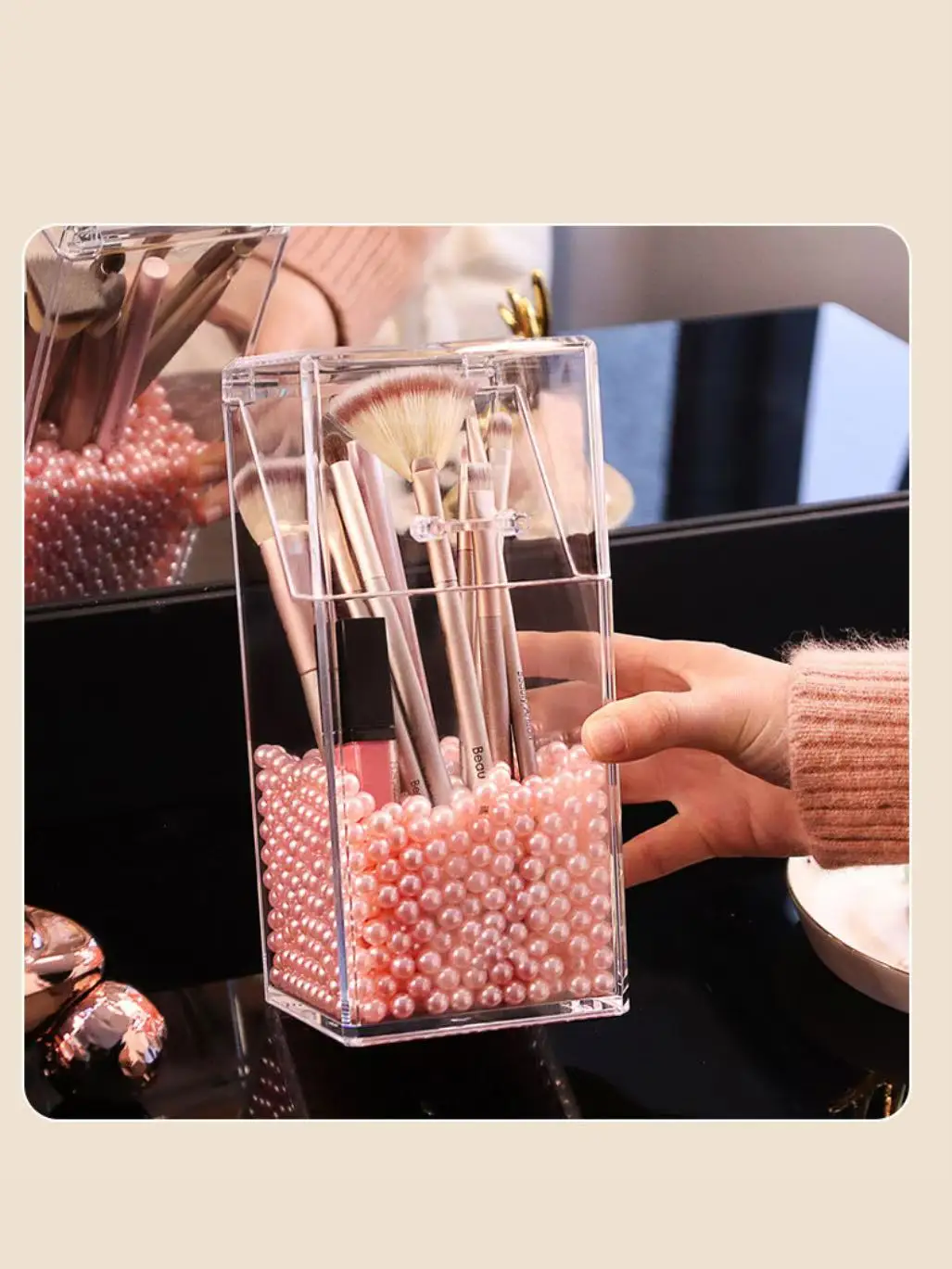 Porte-pinceaux de maquillage en acrylique transparent anti-poussière, boîte de rangement cosmétique transparente avec couvercle, rangement pour pinceaux de maquillage de bureau