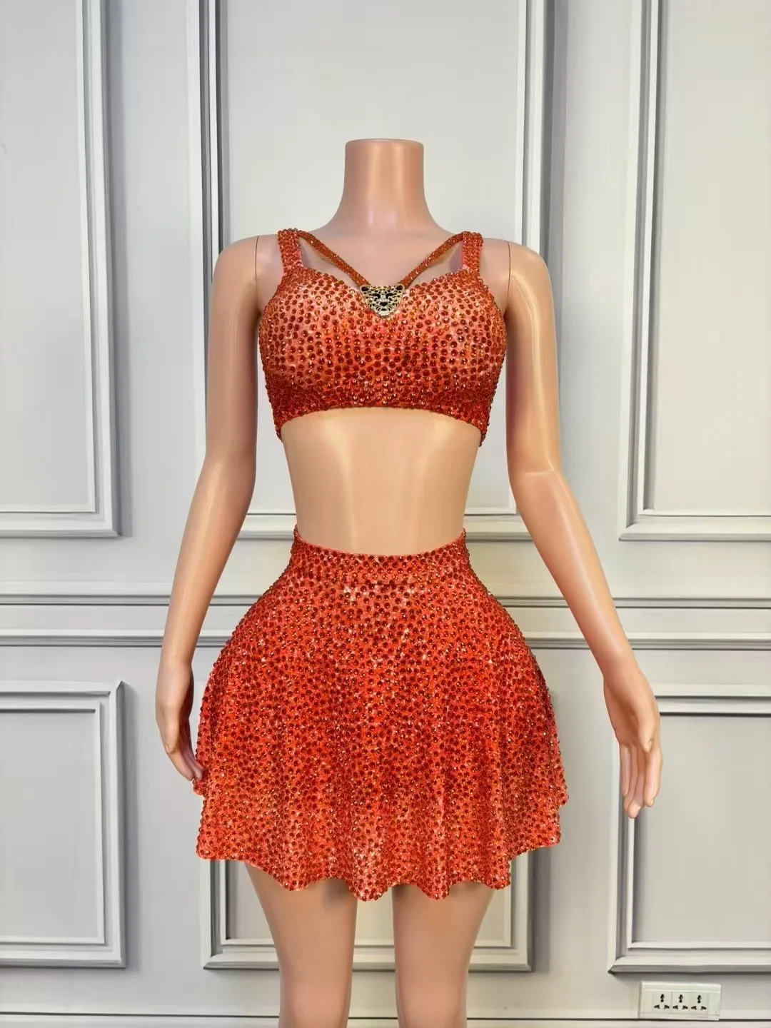 Women Sparkly Rhinestones Sexy Stage Dress Mesh Sleeveless See Through Celebrate Evening Prom Birthday Photoshoot Dress Set