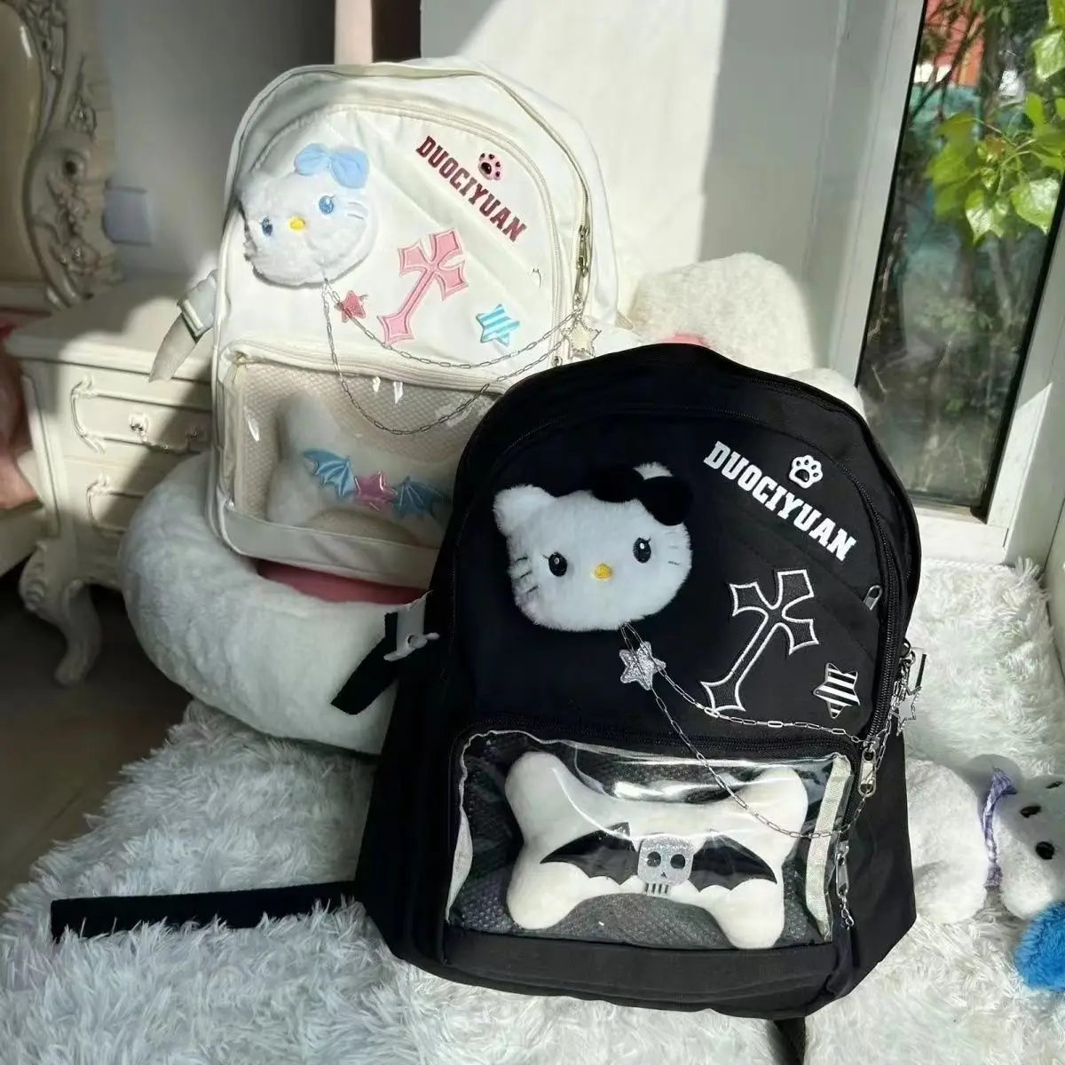 

Xiuya Hello Kitty Womens Backpack Y2k Gothic Nylon Chain Cute College Style Casual Backpacks Kawaii Cross Transparent School Bag