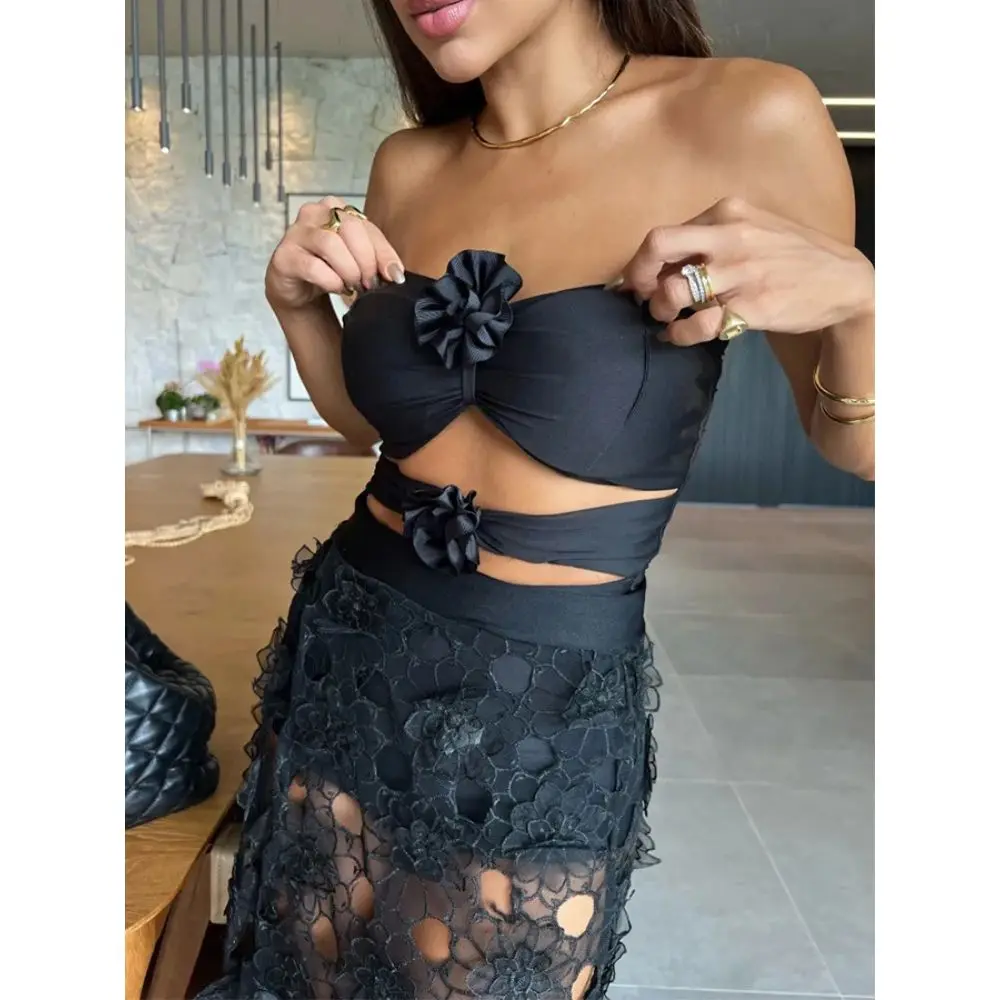 Women\'s Bikini Trend 2024 Flower Black Swimwear Women One Piece Female Strapless Monokini 3D Butterfly Hollow Out Handmade Skirt