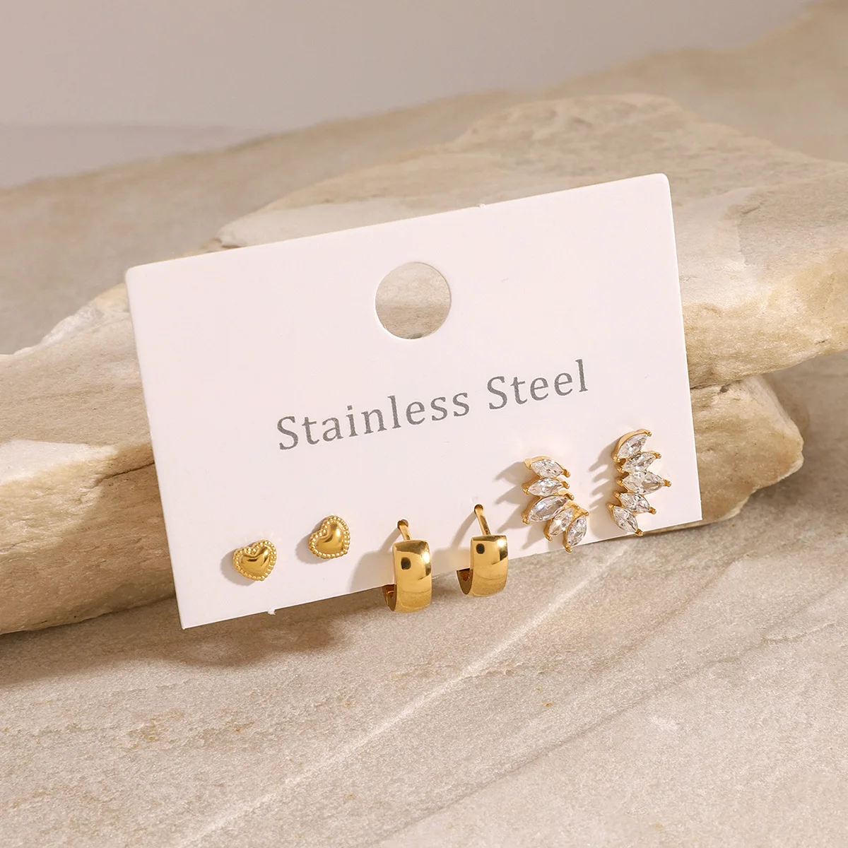 

3 Pairs of Stainless Steel Plain Ring Earrings, High-grade Zircon Studs, Titanium Steel Earrings