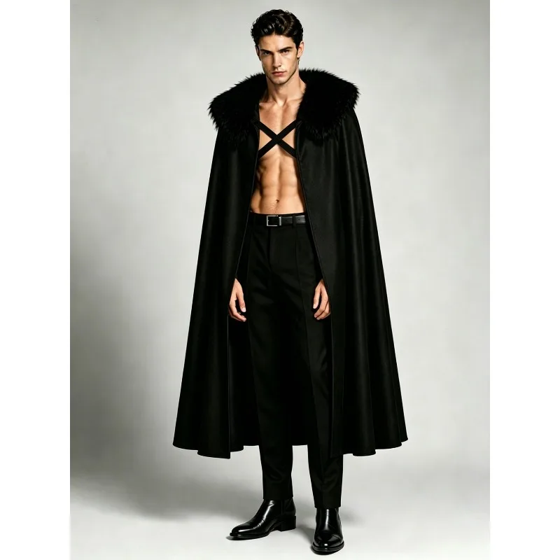 Halloween performance cape with thick fur collar, medieval costume, Rhaegar Targaryen cape