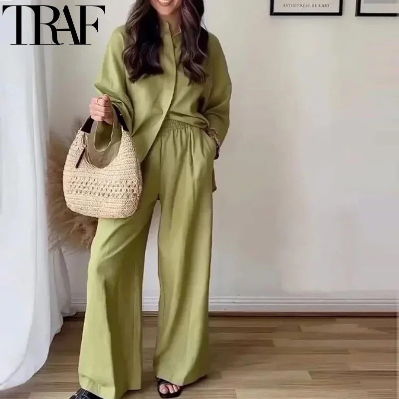 TRAF Woman Pants Set Two Pieces Oversize Green Shirts And Blouses Summer Baggy Wide Pants Sets Casual Linen Set Women 2 Pieces