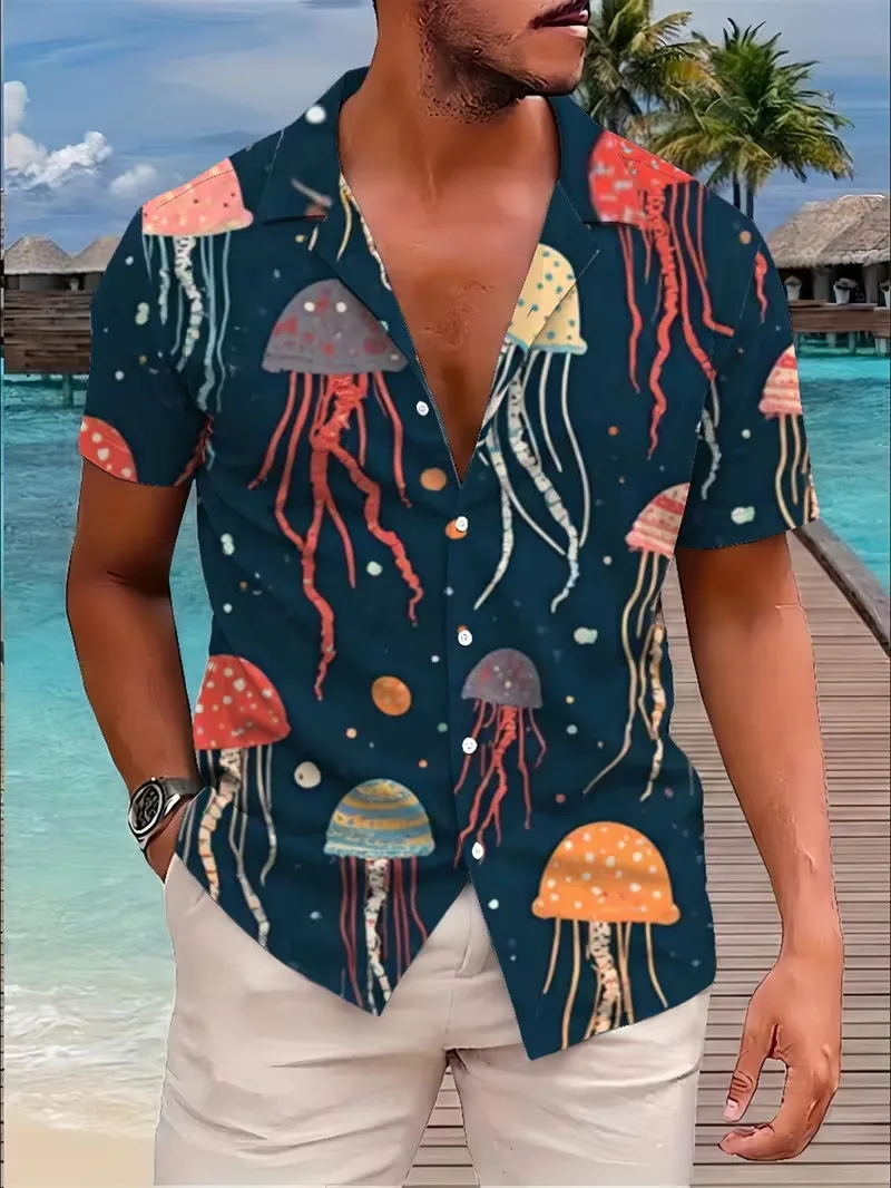 

Мужская гавайская рубашка с красочным принтом медуз, с изображением морских обитателей, с коротким рукавом, на пуговицах, рубашка-алоха для пляжного отдыха