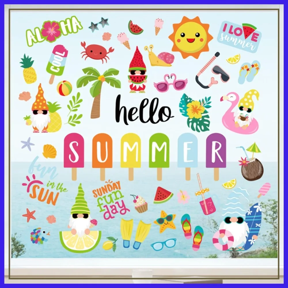 

Summer Window Clings - Cartoon Gnome & Ice Lolly Prints, Double-Sided PVC Stickers, Anti-Collision for Home Room Decor