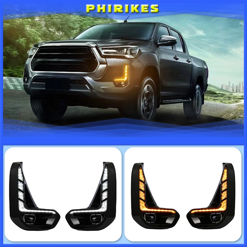 

LED DRL Day Light for Toyota Hilux Revo 2020 2021 Daytime Running Light Fog Lamp Bezel with Dynamic Sequential Turn Signal