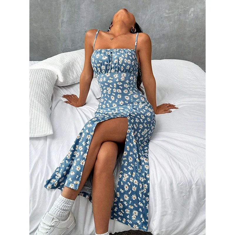 Vintage fenda deslizamento verão praia vestido casual flores impressão sem mangas vestido feminino sexy sem costas longo amarelo azul vestidos femininos