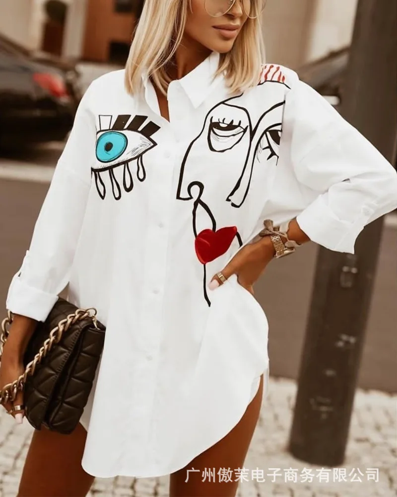 

2026 spot fashion long style printed shirt with simple strokes, T-shirt top