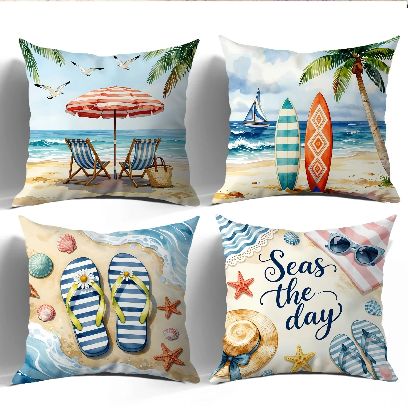 2D Flat Beach Coastal Print Pillow Covers Zipper Cushion Covers Machine Washable For Sofa Bed Chair Summer Nautical Decor