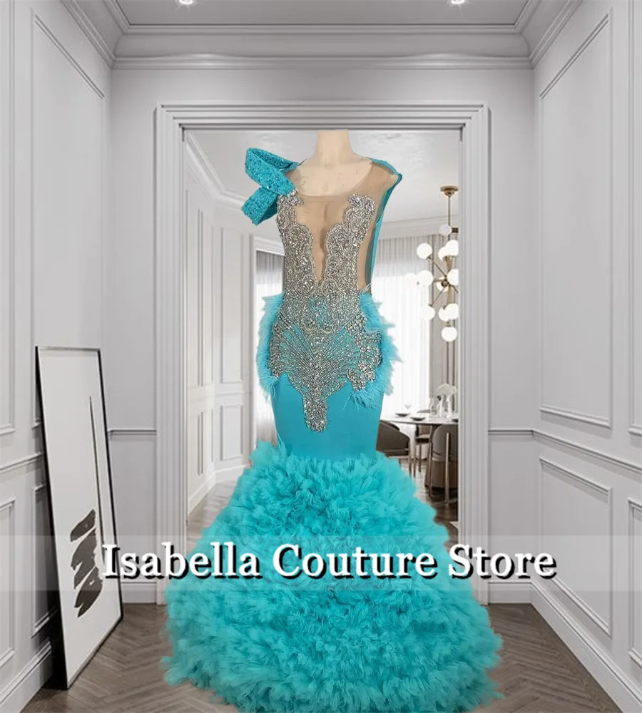 

Luxury Turquoise Mermaid Prom Dresses Party Sparkly Crystal Diamonds Ruffles Tiered Evening Gown Birthday Robe Customized