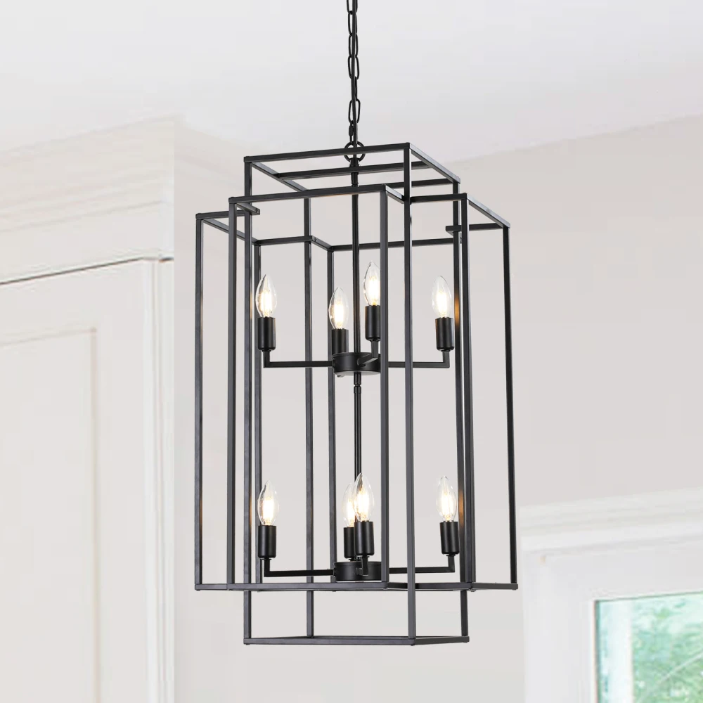 8-Lights Black Lantern Tiered Pendant Light Fixtures, Industrial Farmhouse Hanging Chandelier (No Bulbs)