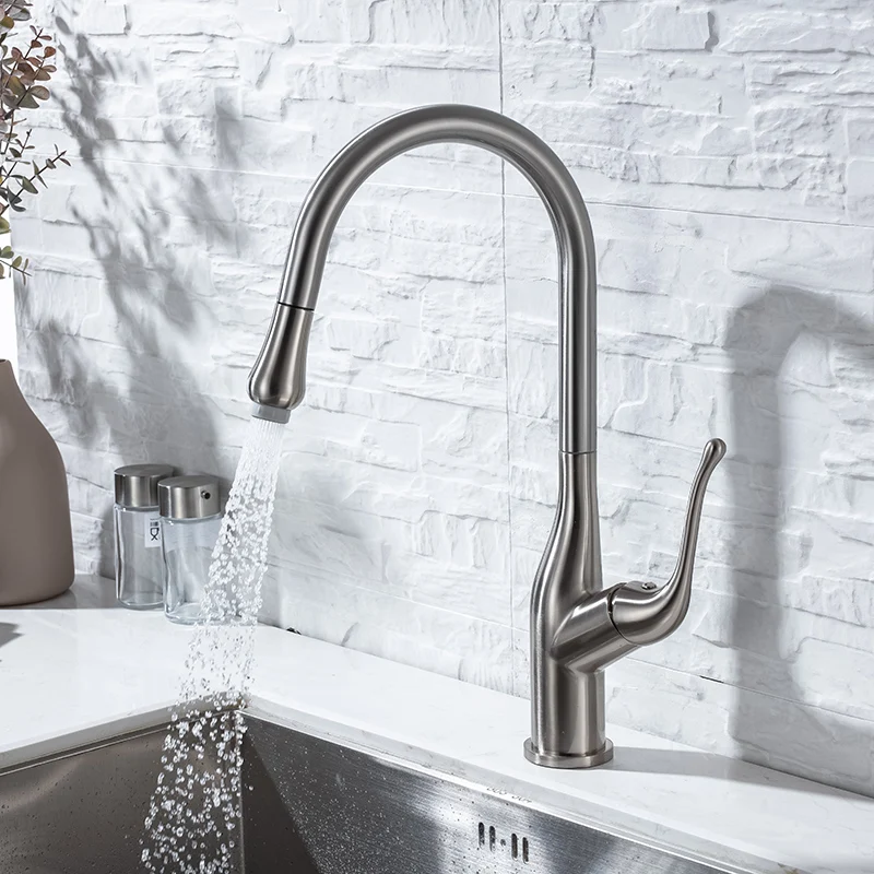 

Kitchen Pull Down Sink Faucets Deck Mounted Dual Modes Vessel Sink Faucet Single Handle Kitchen Hot Cold Mixer Taps Brushed