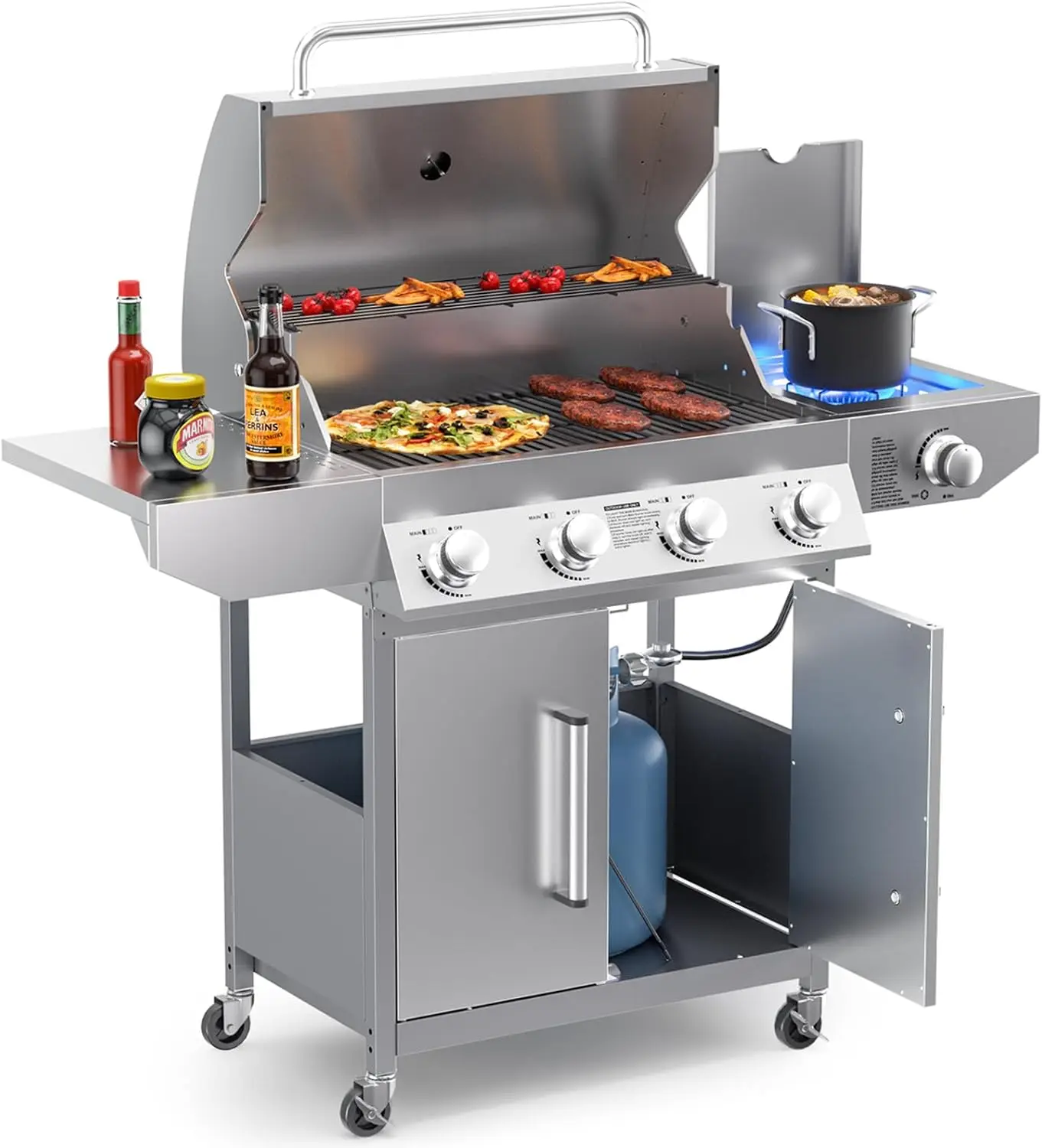 

SKOK 4-Burner Propane Gas BBQ Grill with Side Burner & Porcelain-Enameled Cast Iron Grates,Stainless Steel Grill with 544 Sq