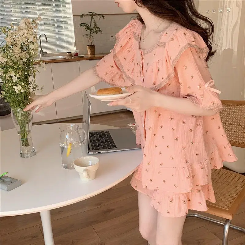 Pajama Sets Women Sweet Floral Princess Summer New Sleepwear Students Homewear Trendy All-match Cozy Design Casual Daily Ulzzang