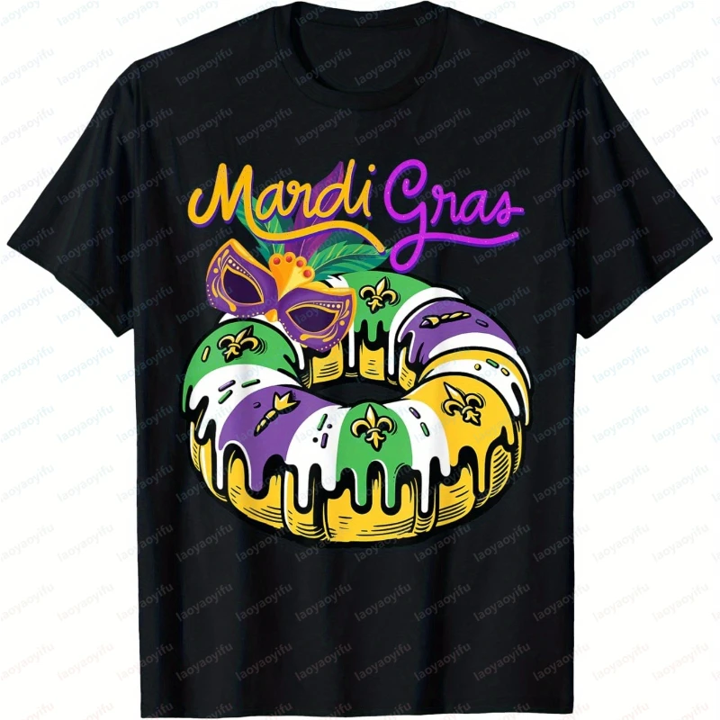 Mardi Gras Unisex Cotton T-Shirt Featuring Humorous King Cakes and A Masquerade Theme Print Tshirt Trendy New Orleans Streetwear