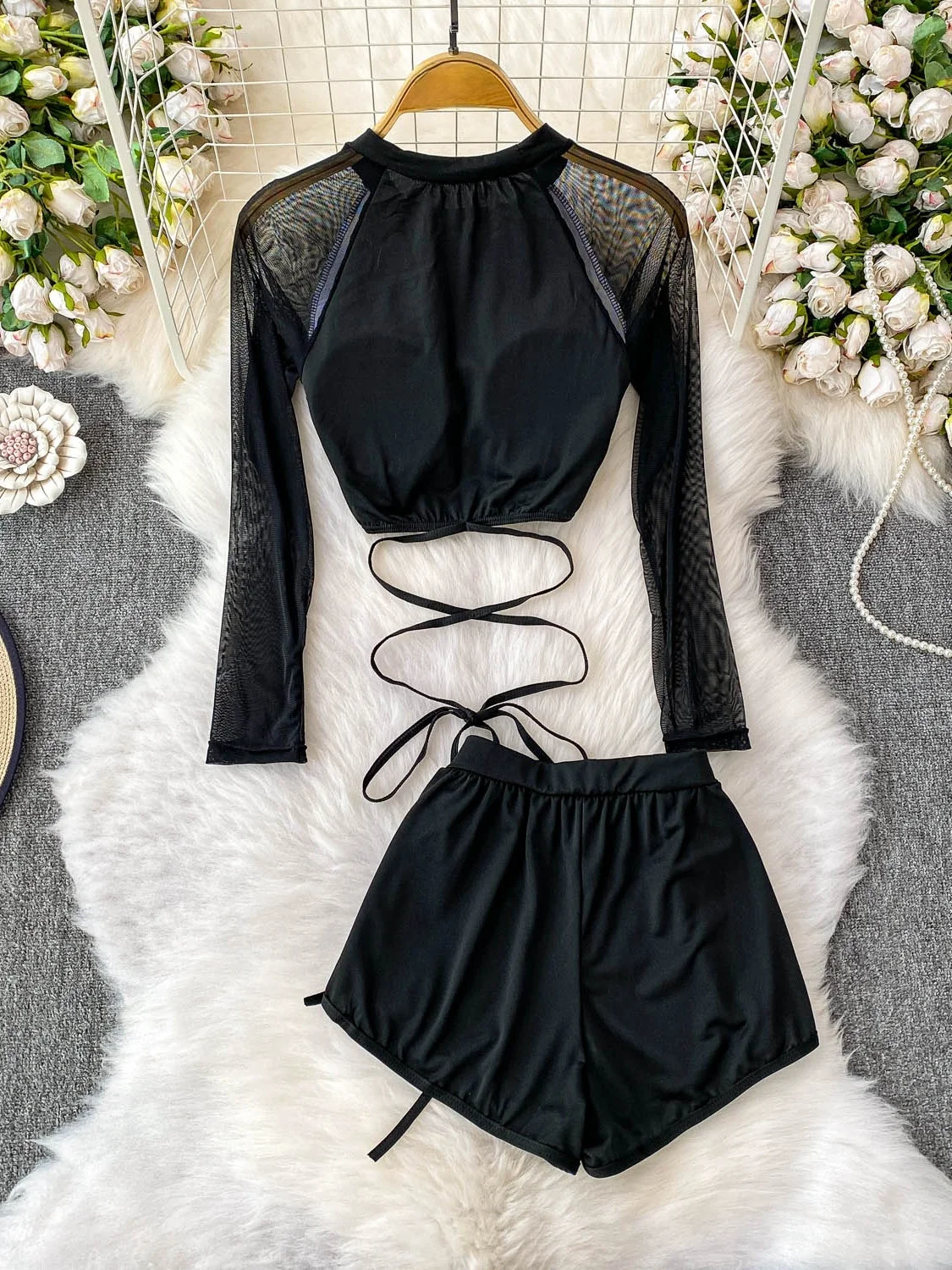 

Sexy Spicy Girl Floral Lace Patchwork Long Sve ort Set High Waist orts Tee Piece Set Women's Faion Summer Outfit