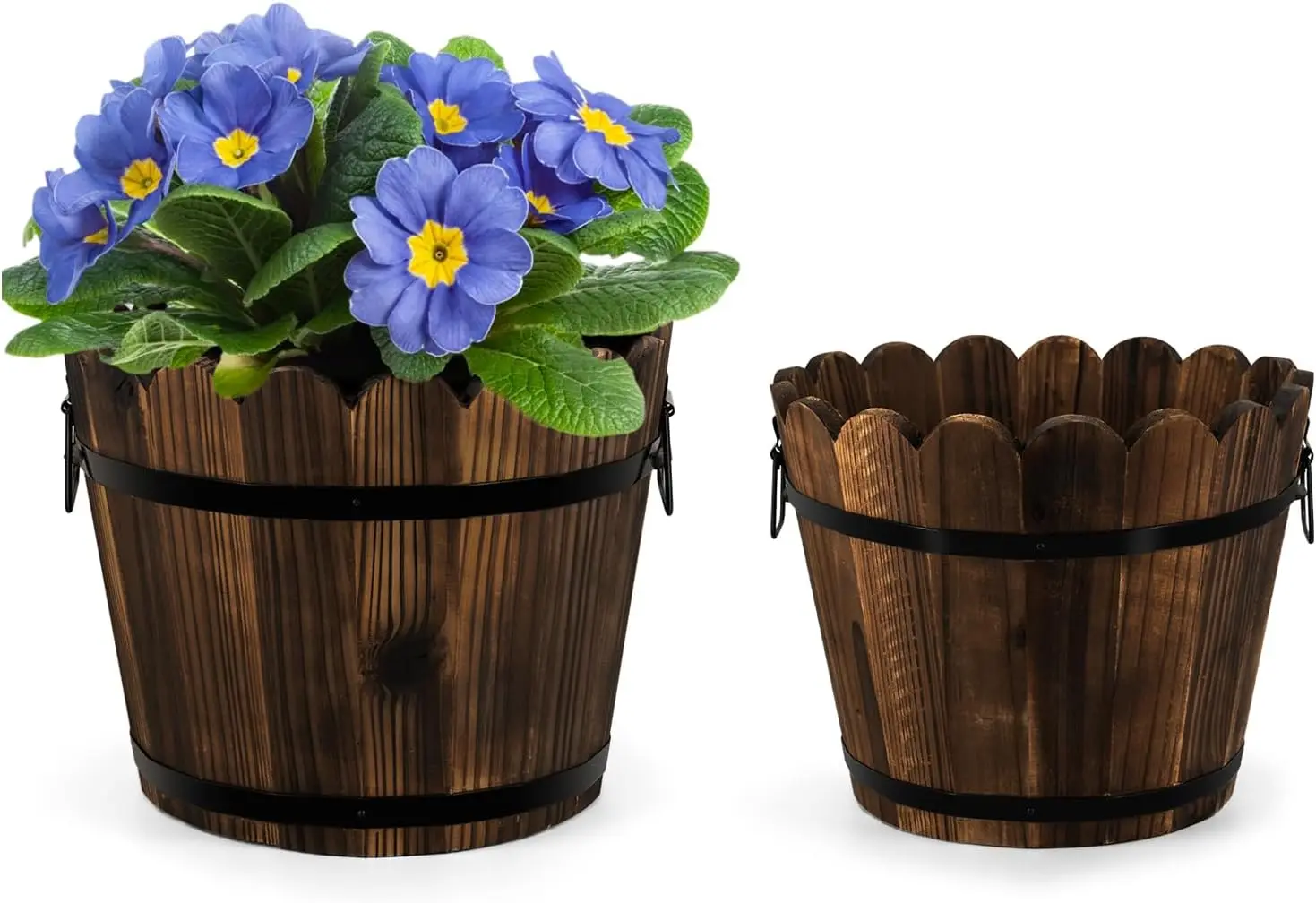 

Wooden Barrel Planters Set of 2 for Indoor Outdoor Plants, Rustic Patio Garden Decor