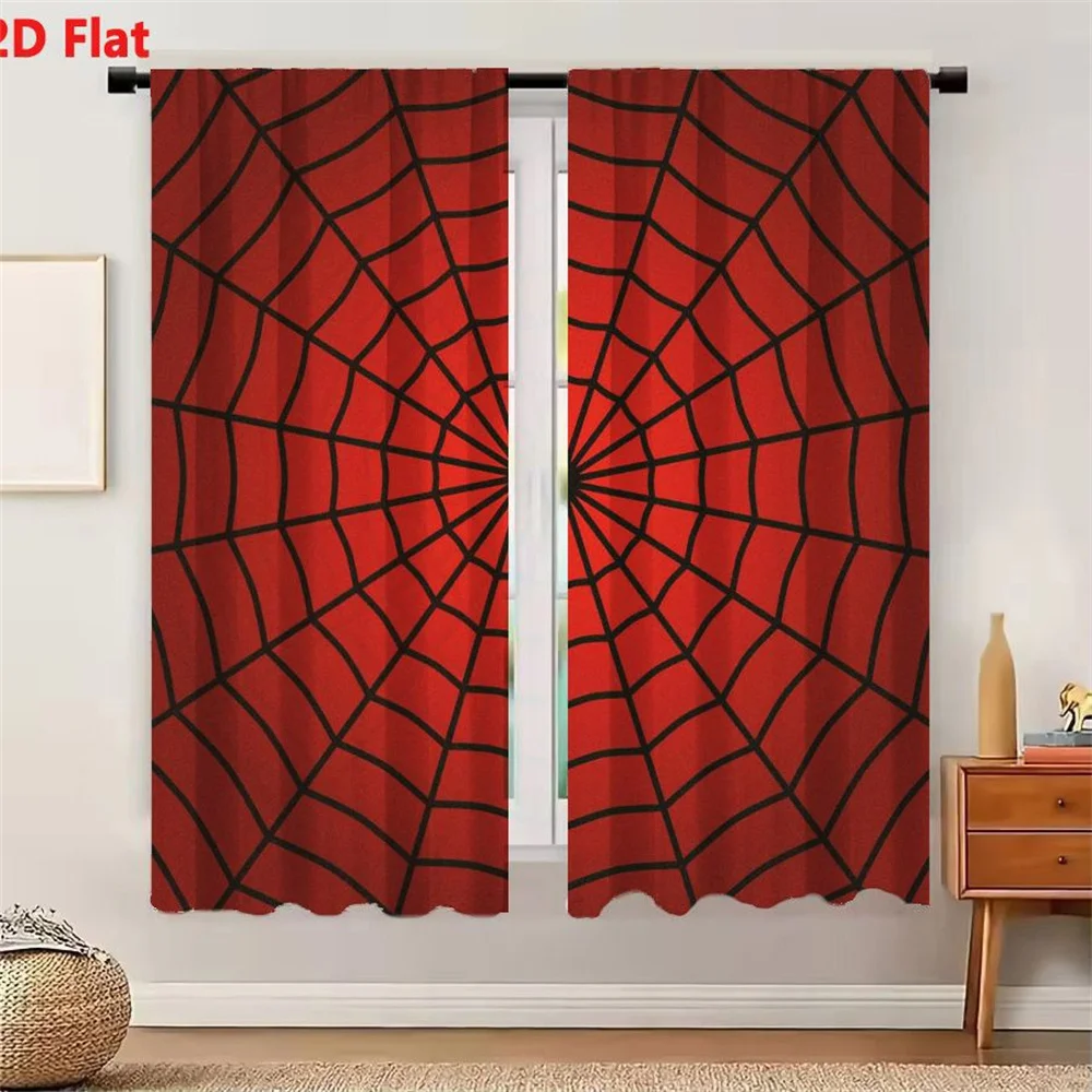 2Pcs Curtains Stylized Symmetrical Spiderweb Design On Deep Red Background For Halloween Horror Abstract Art Window Drapes for B