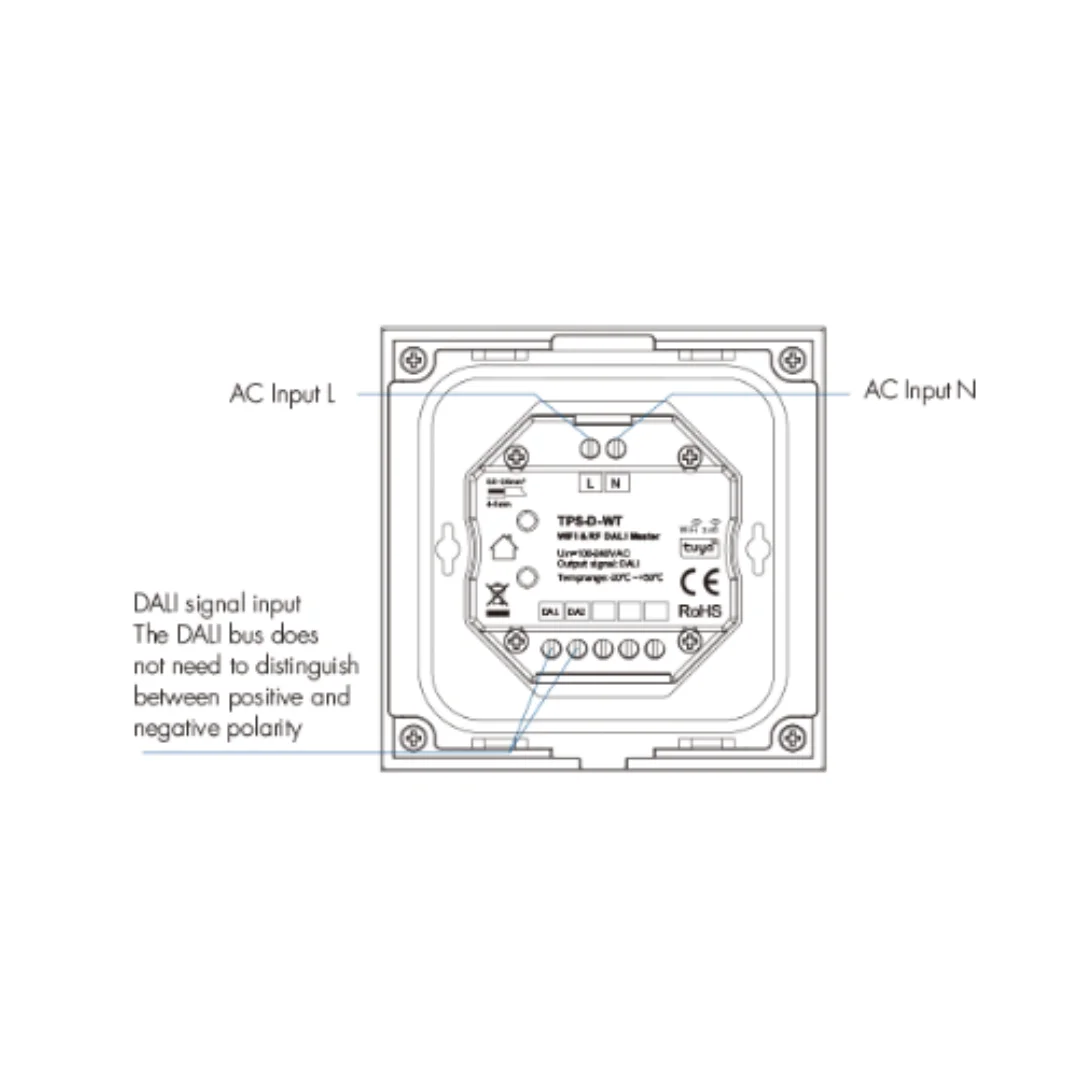 AC100-240V TPS-D-WT Tuya App 5in1 WiFi+RF Wall Mounted Touch DALI Panel 1CH*2mA Single Color CCT RGB RGBW RGBCCT Led Strip Light