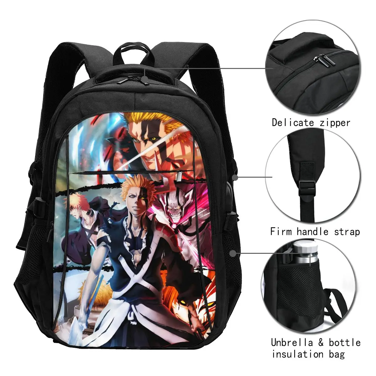 Anime BLEACH Kurosaki Ichigo Travel Laptop Backpack, Business Water Resistant Laptop Backpack with USB Charging Port College Bag