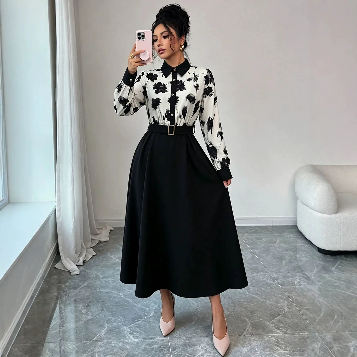 2026 Ink Flower Patchwork Clothes With Contrasting Color Necklace Bated High Waist, Killed Mid-length Office Clothes Lace
