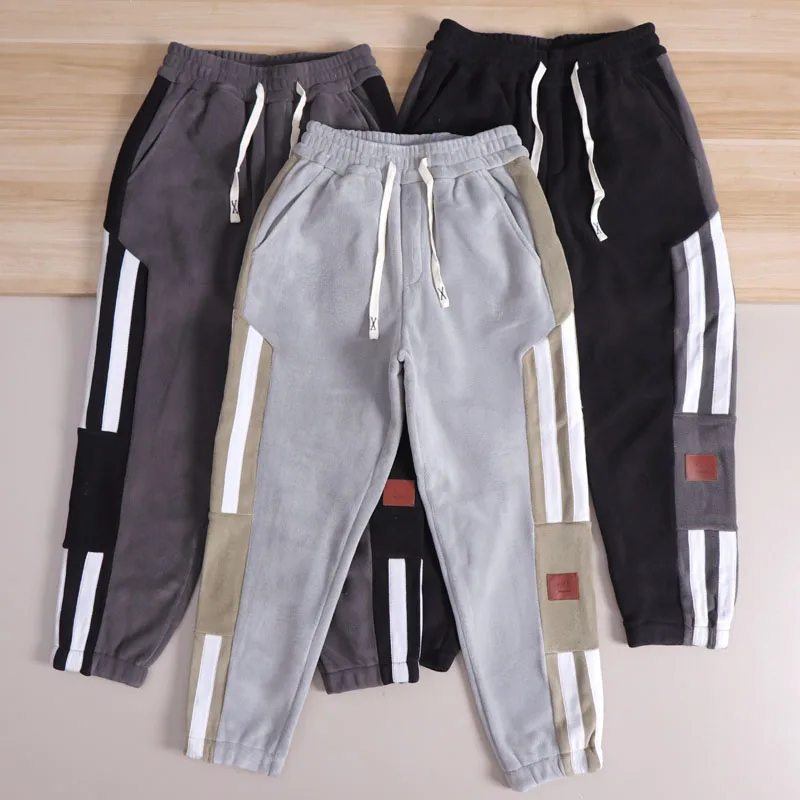 

Thiened Heavyweight! Warm Fce Lined Orlon Elastic Sports Trousers Men's Casual Cuffed Long Pants Trendy Striped Pattern