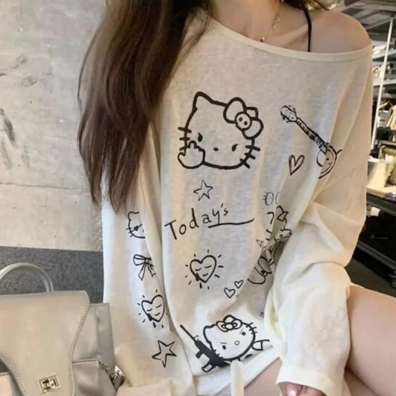 

Легкие женские топы с принтом Sanrio Hello Kitty, летние повседневные топы с защитой от солнца, с открытыми плечами, с длинными рукавами, свободный пуловер средней длины
