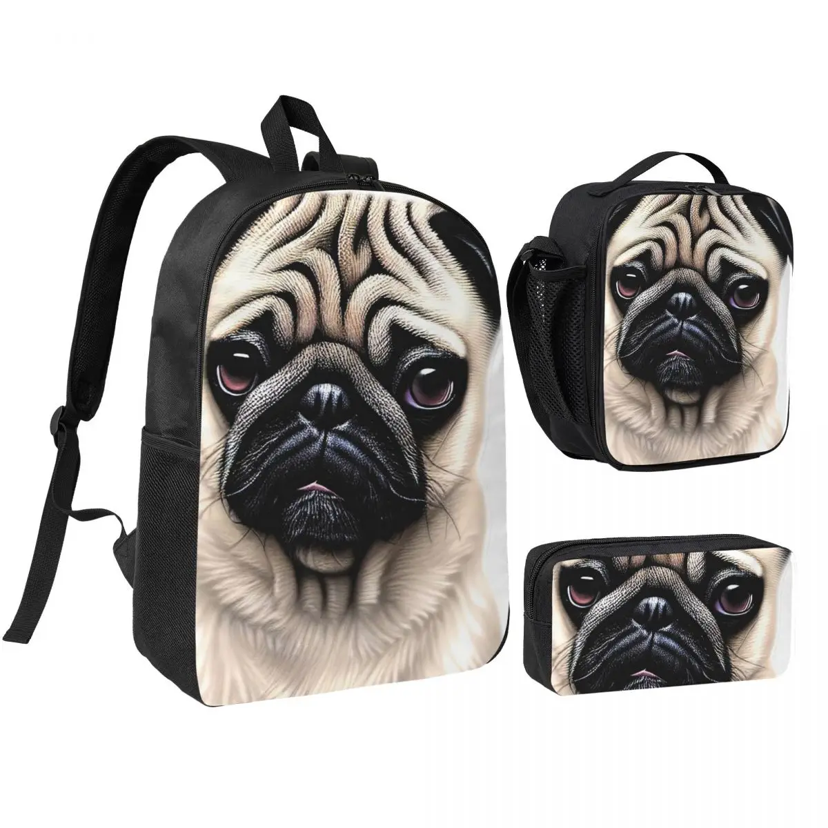 Mochila Adorável de Cachorrinho Pug para Meninos e Meninas, Mochila Escolar, Bolsa de Ombro para Laptop, 3 Peças com Lancheira Térmica e Estojo de Lápis