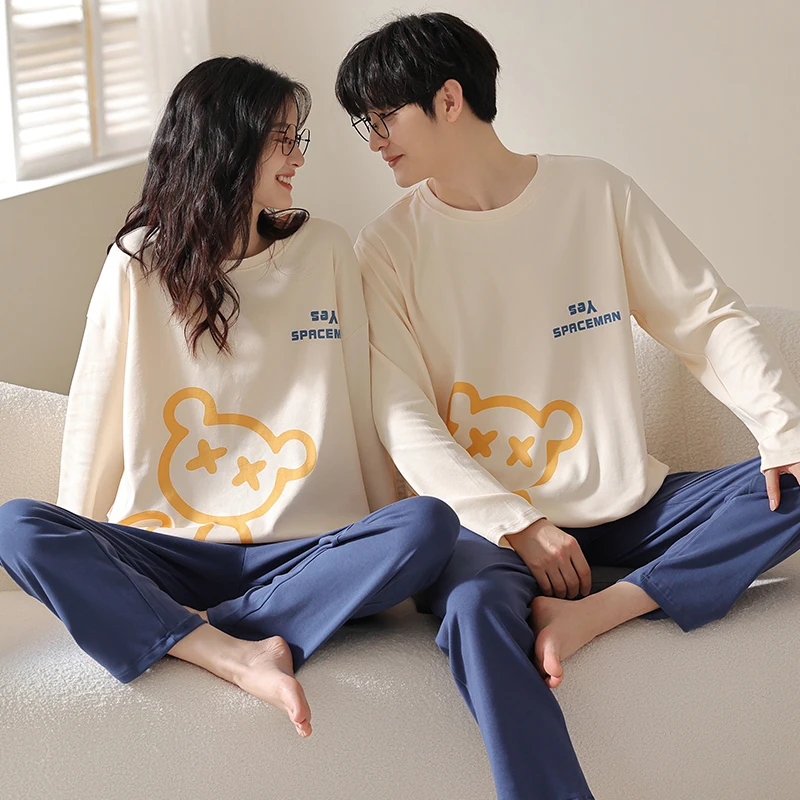 Spring and Autumn Leisure Home Furnishings Pure Cotton Long sleeved Minimalist Printed Men's and Women's Pajamas Autumn Style