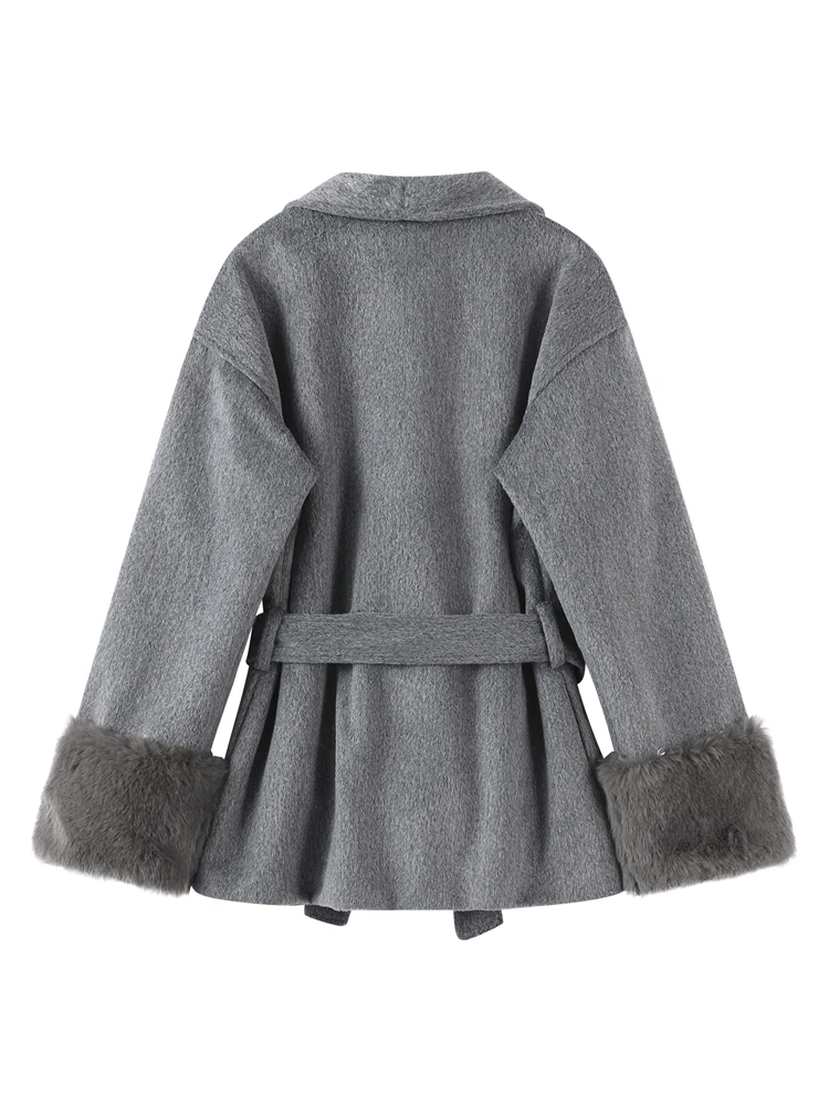 Faux Feather Wool Women's Coat Vintage Khaki Long Sleeve Lace Up Lapel Coats Female 2025 Autumn Winter V-neck Lady Jackets