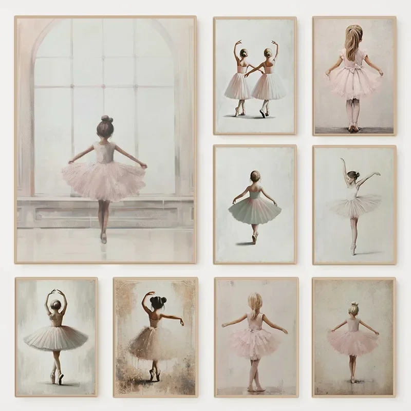 (No frame)Vintage Ballerina Little Girl Poster Nostalgic Ballet Dancer Canvas Painting Girly Wall Art Pink Girls Room Nursery