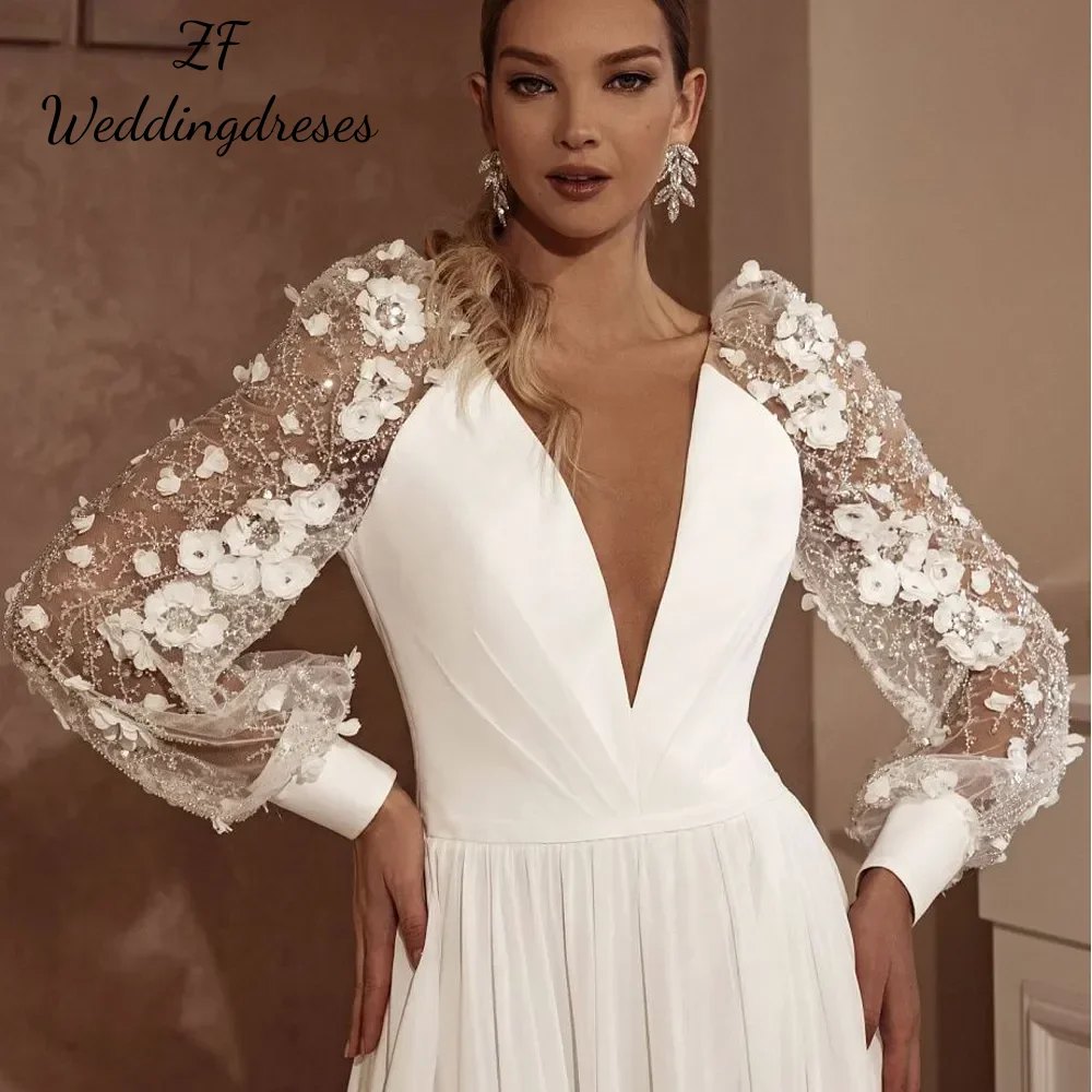 Personalizado a linha elegante vestido de casamento feminino mangas inchadas rendas com decote em v sem costas sexy fenda lateral vestido de noiva praia jardim novo