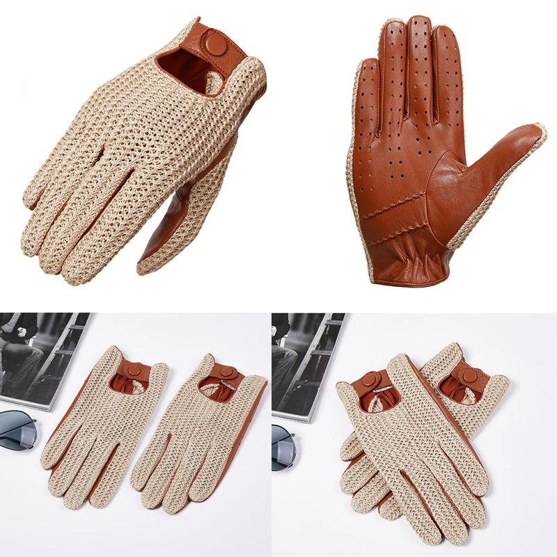 Autumn Winter Men\'s Wool Knitted Goatskin Touch Screen Gloves Locomotive mitten Car Driving Genuine Leather Motorcycle Gloves