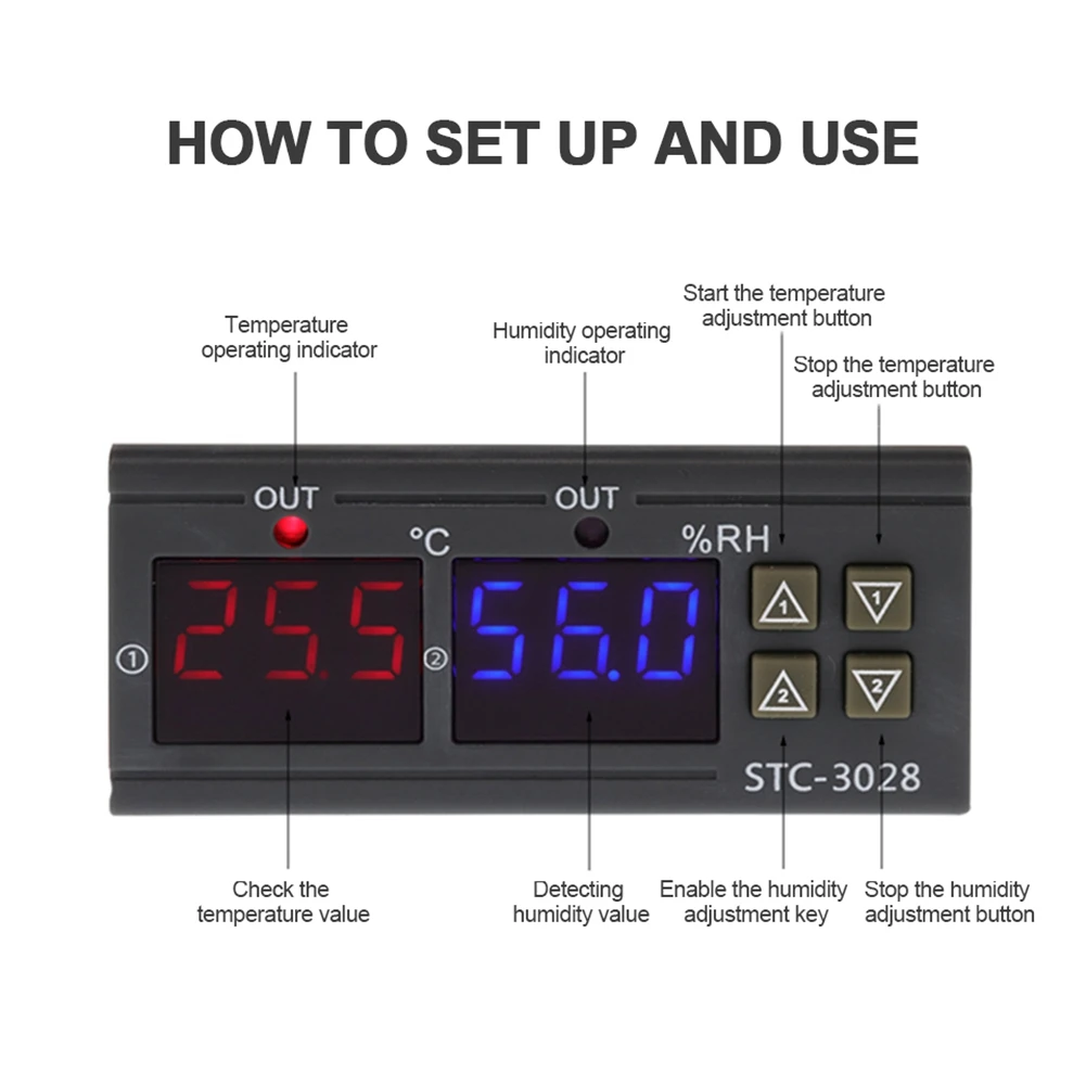 DC 12V Dual Digital Thermostat Temperature Humidity Control Thermometer Hygrometer Incubator Controller STC-3028