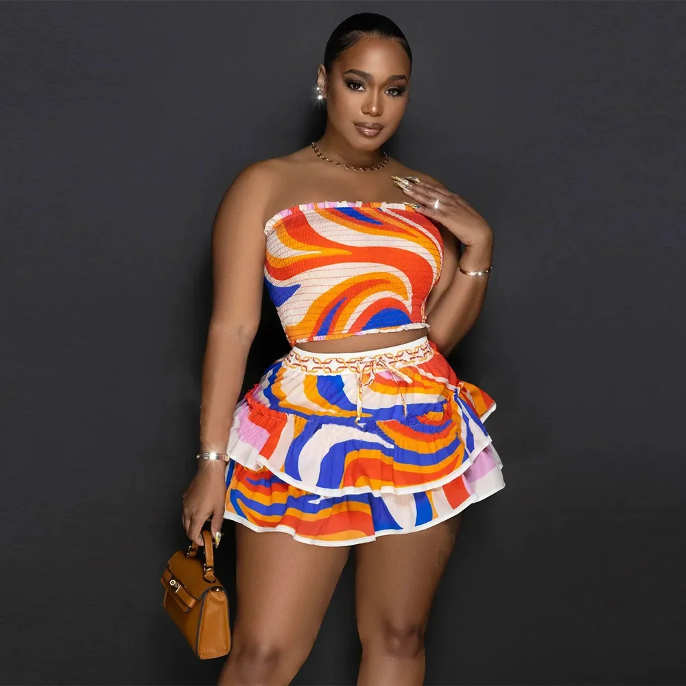 Tie Dye Women Set Bowknot Back Strapless Crop Top and Cascading Ruffles Mini Skirt 2024 Chic Two 2 Piece Set Outfits