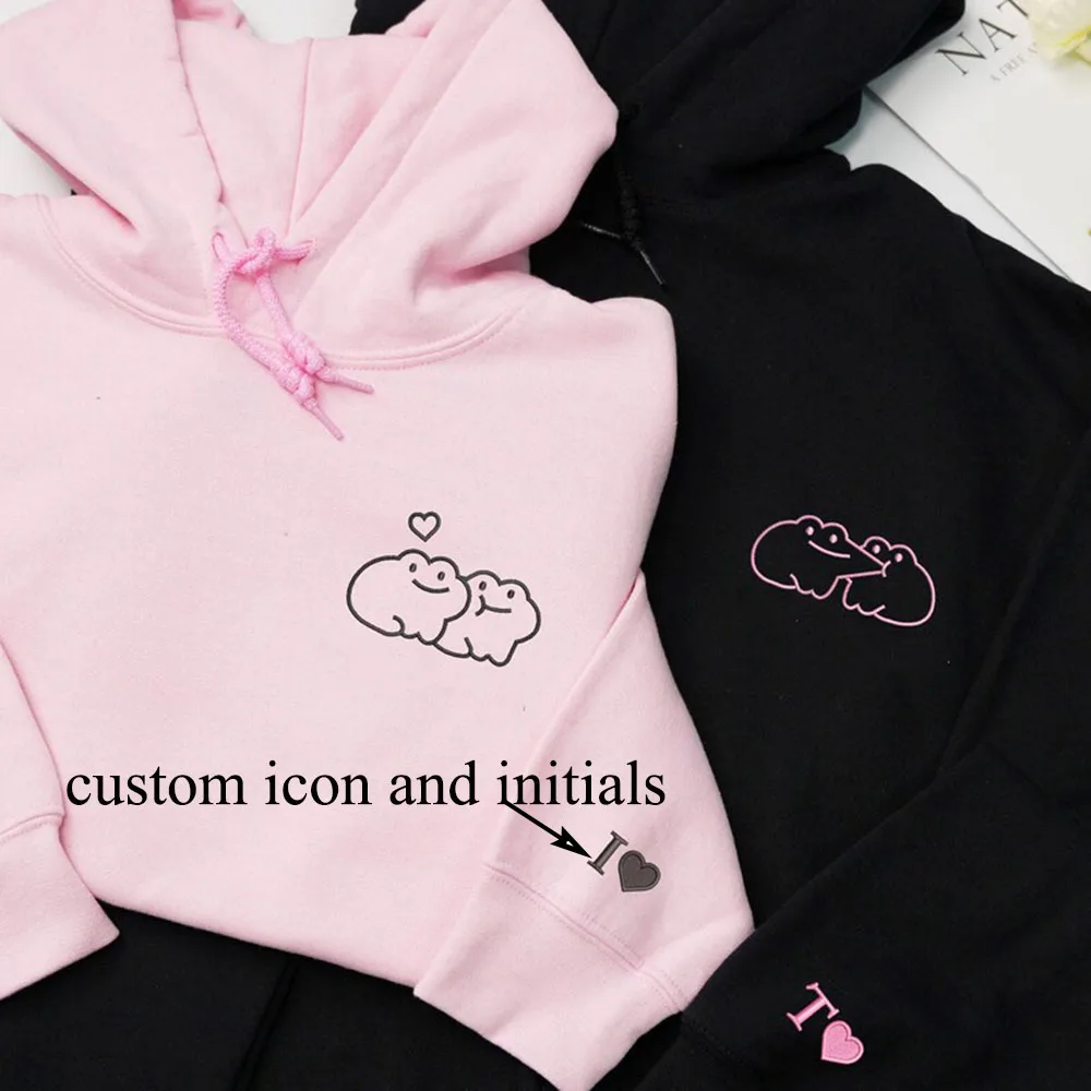 

Толстовки для пар с милой лягушкой на заказ с персонализированными инициалами или именами, одинаковые толстовки для пар, идеальная 1-я годовщина