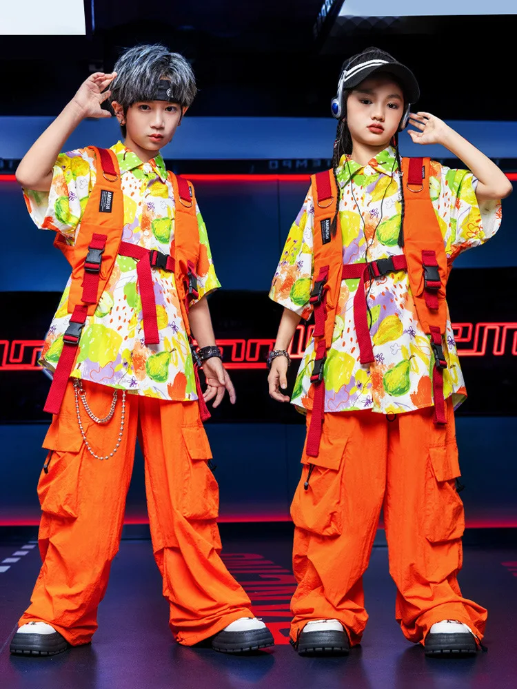 

Kid Kpop Hip Hop Clothing Orange Vest Fruit Print Shirt Top Casual Parachute Cargo Pants for Girl Boy Jazz Dance Costume Clothes