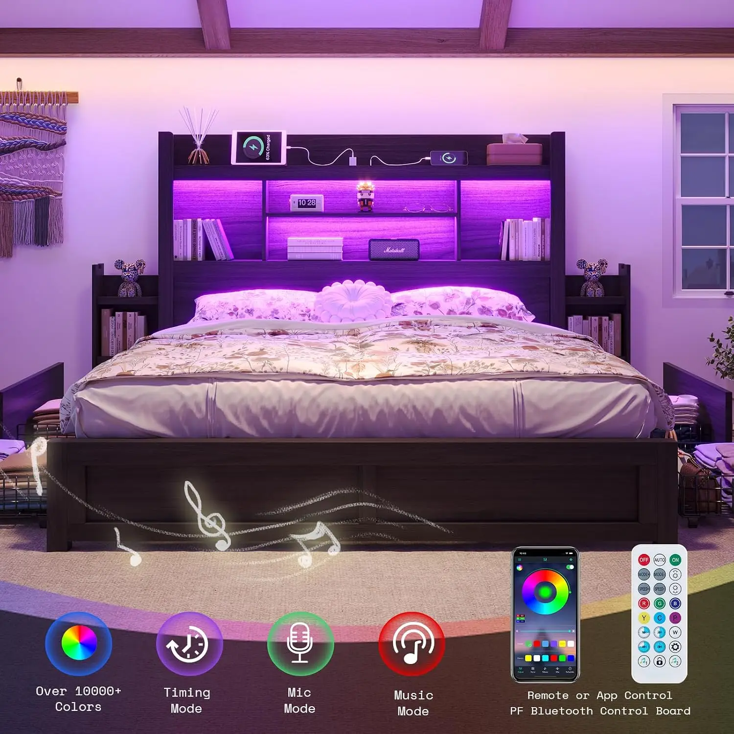 King Bed Frame Storage Bookcase Headboard Metal Platform No Box Spring Needed Bedroom Furniture, Customized image 6